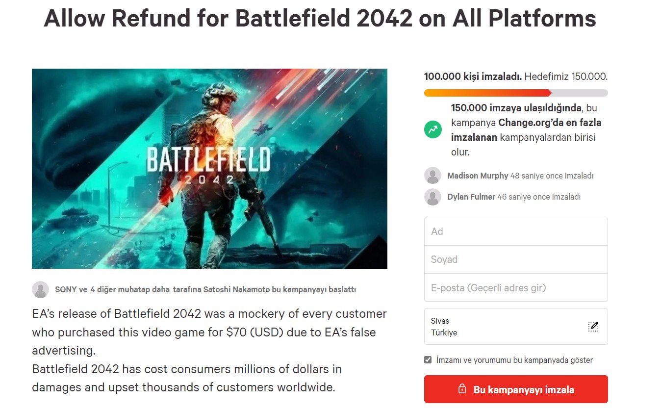 İnanç Can Çekmez: Battlefield 2042 Oyuncuları İade Süreci İçin İmza Topluyor 3