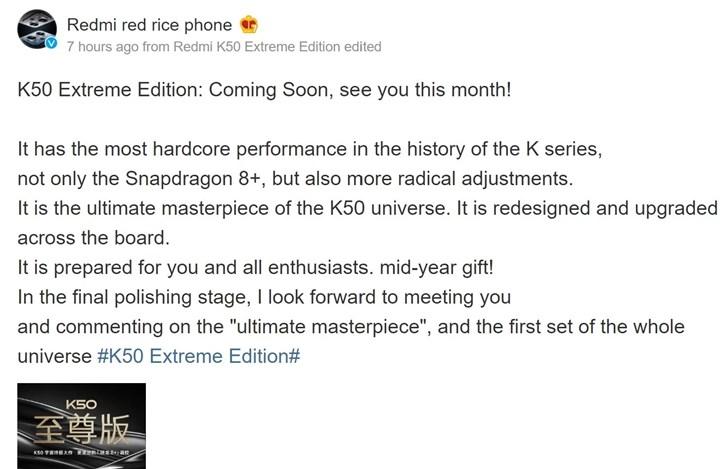Meral Erden: Xiaomi, Redmi K50 Extreme Edition'ın bu ay piyasaya sürüleceğini doğruladı 2