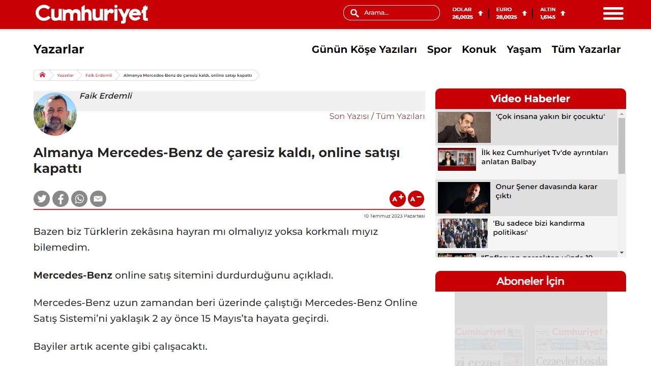 Şinasi Kaya: Türk Medyası Bildiğimiz Gibi: "Mercedes-Benz, Türkiye'de Online Satışı Kapattı" İddiası Doğru Değil! 1