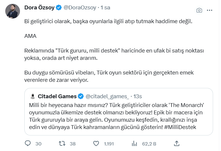Meral Erden: Türk Oyun Şirketi Citadel Games’in, Oyunlarını ‘Ülkemize Destek Olun’ Çağrısıyla Duyurması Sosyal Medyada Tepki Topladı 1