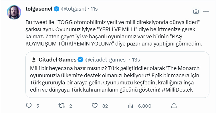 Meral Erden: Türk Oyun Şirketi Citadel Games’in, Oyunlarını ‘Ülkemize Destek Olun’ Çağrısıyla Duyurması Sosyal Medyada Tepki Topladı 9